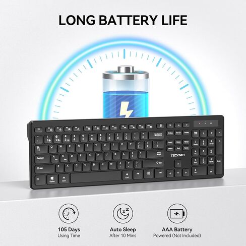 TECKNET Wireless Keyboards Full Size, Bluetooth+2.4G USB for Windows, Black in Saudi Arabia