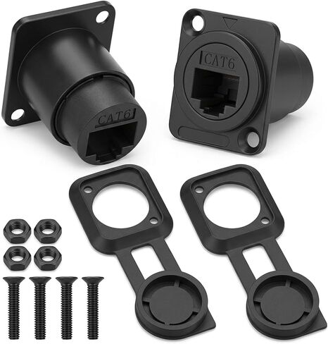 CAT6 RJ45 Panel Mount Coupler, 2 Pcs Shielded D-Type Ethernet Bulkhead Connector Female to Female Pass Through Network Adapter with Dust Cover (Black) in Saudi Arabia