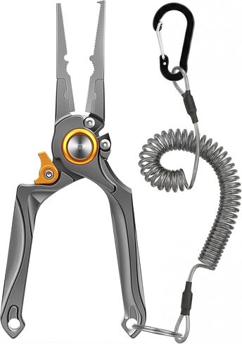 8" Lockable Fishing Pliers, Corrosion Resistant Saltwater Fishing Gear, Multi Purpose Fish Tool Braid Line Cutter Split Ring Hook Remover Crimper with Lanyard, Fishing Gifts for Men in Saudi Arabia