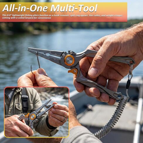 8" Lockable Fishing Pliers, Corrosion Resistant Saltwater Fishing Gear, Multi Purpose Fish Tool Braid Line Cutter Split Ring Hook Remover Crimper with Lanyard, Fishing Gifts for Men in Saudi Arabia