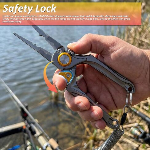8" Lockable Fishing Pliers, Corrosion Resistant Saltwater Fishing Gear, Multi Purpose Fish Tool Braid Line Cutter Split Ring Hook Remover Crimper with Lanyard, Fishing Gifts for Men in Saudi Arabia