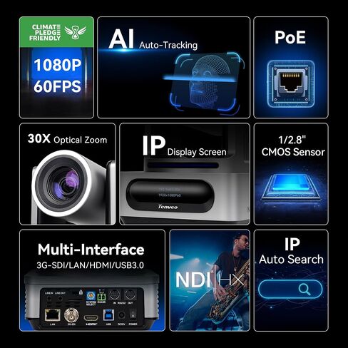 Tenveo PTZ Camera and Controller Bundle/Kits - 30X AI Auto Tracking SDI/HDMI/USB3.0/LAN(PoE) PTZ Camera(2PCS) and 5'' LCD Screen NDI Joystick Controller for Church Service Events Live Streaming in Kuwait