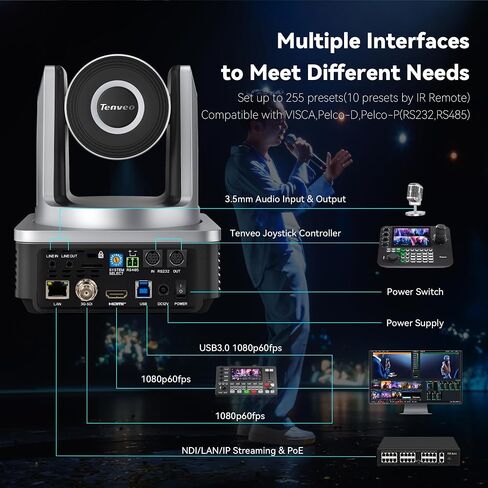 Tenveo PTZ Camera and Controller Bundle/Kits - 30X AI Auto Tracking SDI/HDMI/USB3.0/LAN(PoE) PTZ Camera(2PCS) and 5'' LCD Screen NDI Joystick Controller for Church Service Events Live Streaming in Kuwait