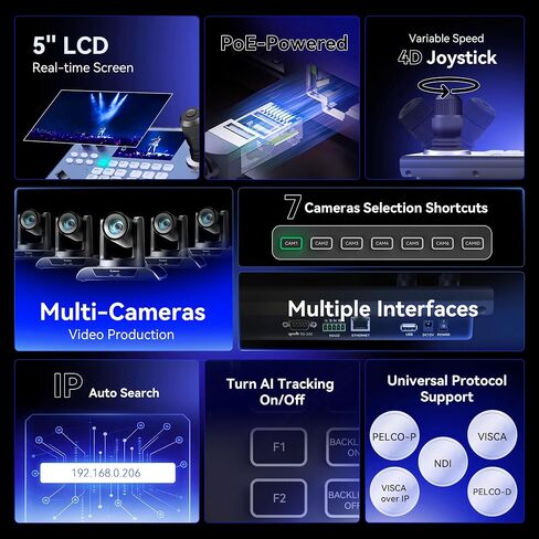 Tenveo PTZ Camera and Controller Bundle/Kits - 30X AI Auto Tracking SDI/HDMI/USB3.0/LAN(PoE) PTZ Camera(2PCS) and 5'' LCD Screen NDI Joystick Controller for Church Service Events Live Streaming in Kuwait