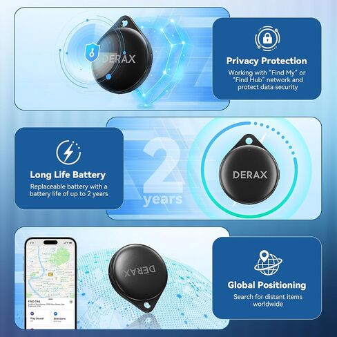علامة تعقب الهواء بنظام مزدوج من ديراكس لأجهزة iOS وأندرويد - بطارية لمدة عامين، متوافقة مع Apple Find My وGoogle Find My Device، عبوتان للمفاتيح والأمتعة in Kuwait