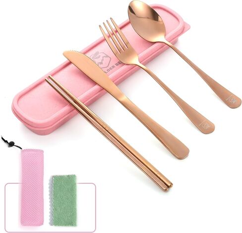 Boulder Bee Travel Utensils Set | Reusable Camping Cutlery Set | Stainless Steel Flatware Set | Portable Silverware Set with Case | Includes Knife/Fork/Spoon/Chopsticks/Cleaning Cloth/Case (Rose) in Kuwait