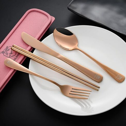 Boulder Bee Travel Utensils Set | Reusable Camping Cutlery Set | Stainless Steel Flatware Set | Portable Silverware Set with Case | Includes Knife/Fork/Spoon/Chopsticks/Cleaning Cloth/Case (Rose) in Kuwait