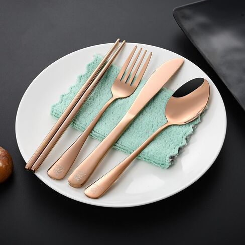 Boulder Bee Travel Utensils Set | Reusable Camping Cutlery Set | Stainless Steel Flatware Set | Portable Silverware Set with Case | Includes Knife/Fork/Spoon/Chopsticks/Cleaning Cloth/Case (Rose) in Kuwait