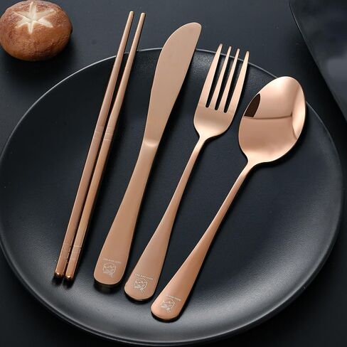 Boulder Bee Travel Utensils Set | Reusable Camping Cutlery Set | Stainless Steel Flatware Set | Portable Silverware Set with Case | Includes Knife/Fork/Spoon/Chopsticks/Cleaning Cloth/Case (Rose) in Kuwait