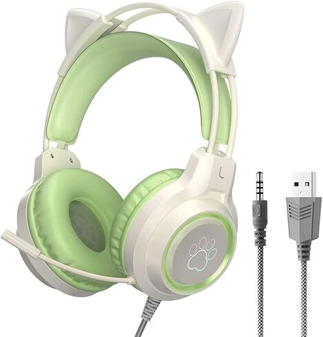 Gaming Headset with Removable Cat Ears, 3.5mm Wired Headphones with Adjustable Microphone, Extendable Padded headband, Noise Cancelling and RGB Light Headphones for Xbox/PS4/Switch/Mac/Phone (Green) in Kuwait