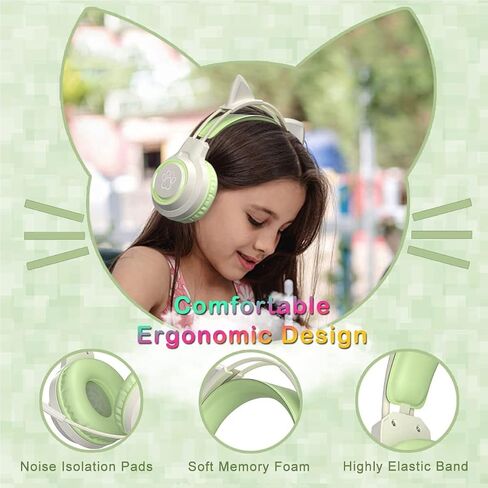 Gaming Headset with Removable Cat Ears, 3.5mm Wired Headphones with Adjustable Microphone, Extendable Padded headband, Noise Cancelling and RGB Light Headphones for Xbox/PS4/Switch/Mac/Phone (Green) in Kuwait