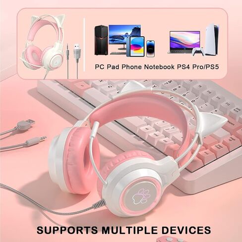 Gaming Headset with Removable Cat Ears, 3.5mm Wired Headphones with Adjustable Microphone, Extendable Padded headband, Noise Cancelling and RGB Light Headphones for Xbox/PS4/Switch/Mac/Phone (Green) in Kuwait