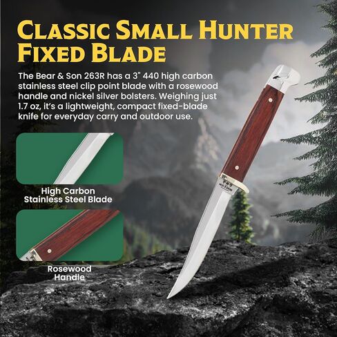 Bear & Son 263R Rosewood Small Hunter Fixed Blade Knife with Leather Sheath – Clip Point High Carbon Stainless Steel Blade, Full Tang Build, Nickel Silver Bolsters, Lightweight Hunting EDC Carry in Kuwait