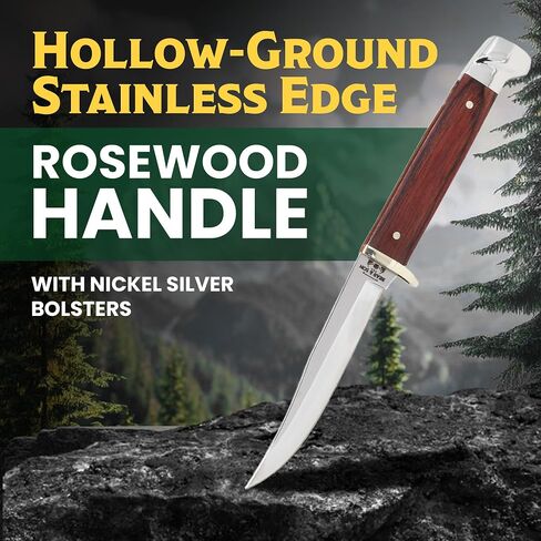 Bear & Son 263R Rosewood Small Hunter Fixed Blade Knife with Leather Sheath – Clip Point High Carbon Stainless Steel Blade, Full Tang Build, Nickel Silver Bolsters, Lightweight Hunting EDC Carry in Kuwait