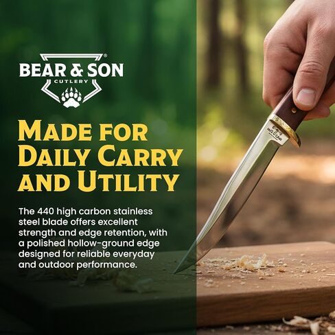 Bear & Son 263R Rosewood Small Hunter Fixed Blade Knife with Leather Sheath – Clip Point High Carbon Stainless Steel Blade, Full Tang Build, Nickel Silver Bolsters, Lightweight Hunting EDC Carry in Kuwait