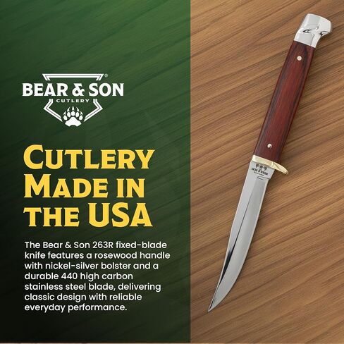 Bear & Son 263R Rosewood Small Hunter Fixed Blade Knife with Leather Sheath – Clip Point High Carbon Stainless Steel Blade, Full Tang Build, Nickel Silver Bolsters, Lightweight Hunting EDC Carry in Kuwait
