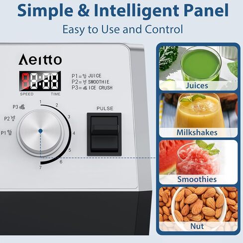 Aeitto Blenders for Kitchen with 68Oz. Large Capacity, 1800W Max Power Smoothie Blender, 3 Preset Programs & 7 Speeds, Professional Countertop Blender for Smoothies, Ice Crush, Silver in Saudi Arabia