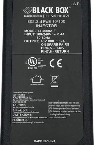 Genuine Black Box LPJ000A-F Ethernet Injector 802.3af PoE 10/100 48V 0.32A AC/DC Adapter Power Supply Cord in Saudi Arabia