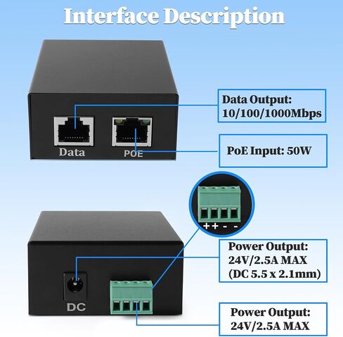 Industrial Gigabit PoE Splitter, Output DC 24V, Comply IEEE802.3af/at/bt 50W, 10/100/1000Mbps Power Over Ethernet Splitter Adapter for IP Camera, Non-PoE terminals (PS2450G) in Kuwait