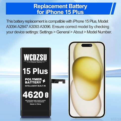 Battery Replacement for iPhone 15 Plus 4620mAh No Pop-up Unknown Part Warning New 0 Cycle High Capacity for iPhone 15 Plus with Repair Tool Kit Model A3094 A2847 A3093 A3096 in Saudi Arabia