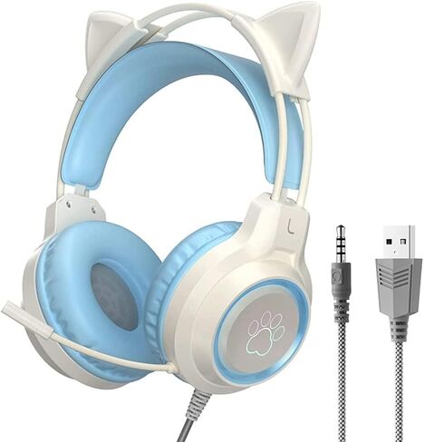 Gaming Headset with Removable Cat Ears, 3.5mm Wired Headphones with Adjustable Microphone, Extendable Padded headband, Noise Cancelling and RGB Light Headphones for Phone (Blue) in Kuwait
