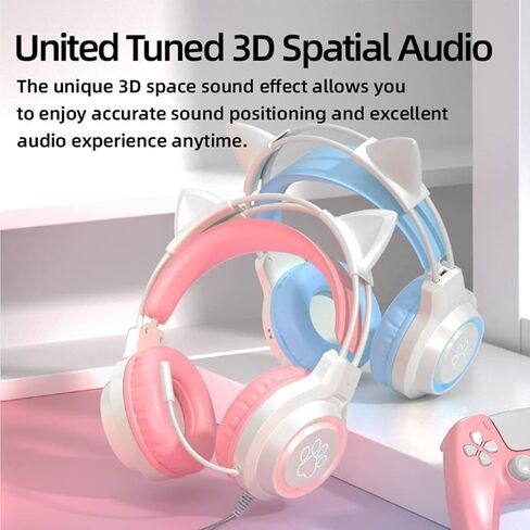Gaming Headset with Removable Cat Ears, 3.5mm Wired Headphones with Adjustable Microphone, Extendable Padded headband, Noise Cancelling and RGB Light Headphones for Phone (Blue) in Kuwait