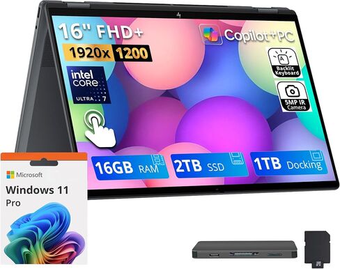 HP OmniBook X Flip 2-in-1 16" 2K Touchscreen Laptop, Intel Core Ultra 7 256V, 16GB LPDDR5X RAM, 3TB Storage (2TB SSD+1TB Docking Station), Copilot, Backlit Keyboard, Wi-Fi 6E, Win 11 Pro, Gray in Kuwait