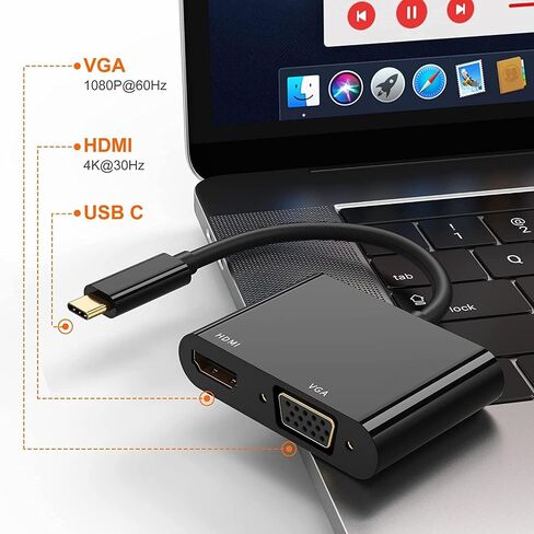 محول USB C إلى HDMI VGA، من النوع C إلى VGA إلى USB C Thunderbolt 3 لمحول الشاشة المزدوجة المتوافق مع iPhone 15 Plus/15 Pro Max وGalaxy S22 Ultra وMacBook Pro 2020 وiPad Pro 2020، أسود in Kuwait
