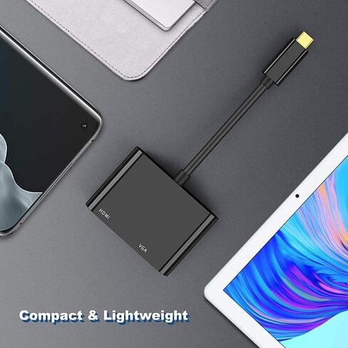 محول USB C إلى HDMI VGA، من النوع C إلى VGA إلى USB C Thunderbolt 3 لمحول الشاشة المزدوجة المتوافق مع iPhone 15 Plus/15 Pro Max وGalaxy S22 Ultra وMacBook Pro 2020 وiPad Pro 2020، أسود in Kuwait