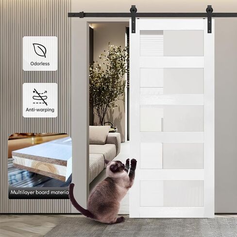 S&Z TOPHAND® 50 بوصة × 80 بوصة زجاج MDF BarnDoor، سطح PVC، تجميع بسيط يمكنك صنعه بنفسك. الباب فقط، لا يوجد مجموعة أدوات منزلقة. in Kuwait