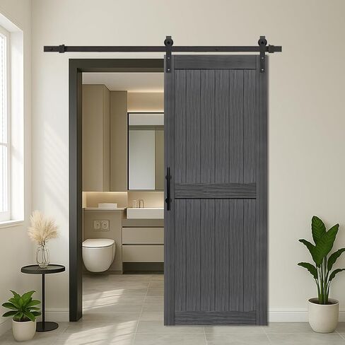S&Z TOPHAND® 30in x 84in MDF باب الحظيرة باللون الرمادي الداكن مع طقم أدوات باب منزلق 5FT، لوح باب الحظيرة الصلب مغطى بسطح PVC مقاوم للماء، يلزم تجميع بسيط in Kuwait