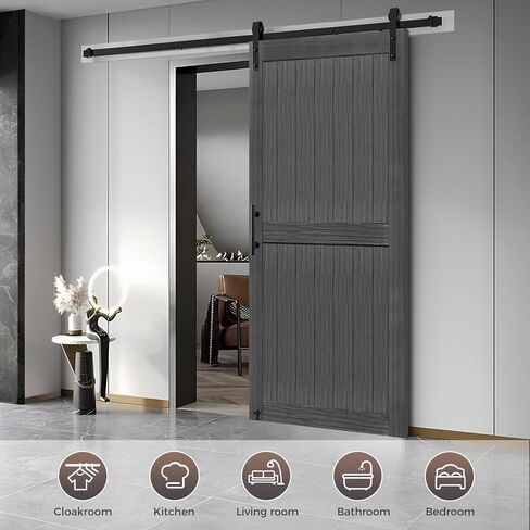 S&Z TOPHAND® 30in x 84in MDF باب الحظيرة باللون الرمادي الداكن مع طقم أدوات باب منزلق 5FT، لوح باب الحظيرة الصلب مغطى بسطح PVC مقاوم للماء، يلزم تجميع بسيط in Kuwait
