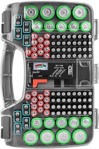 منظم البطارية، منظم تخزين البطارية، غطاء شفاف مفصل مع غطاء قفل، يحمل 180 بطارية، يتضمن جهاز اختبار بطارية قابل للإزالة، حامل لتنظيم المرآب، فحمي in Kuwait