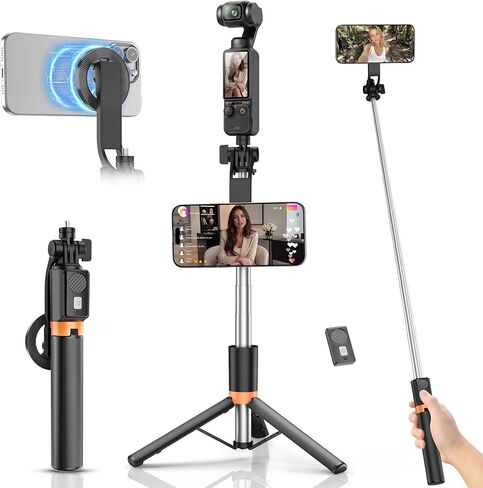 Magnetic Selfie Stick Tripod with 1/4" Camera Mount, Dual Device Phone & Camera Setup, Portable Content Creator Stand with Remote Control Phone Tripod for TikTok Live Streaming Travel Video Recording in Saudi Arabia