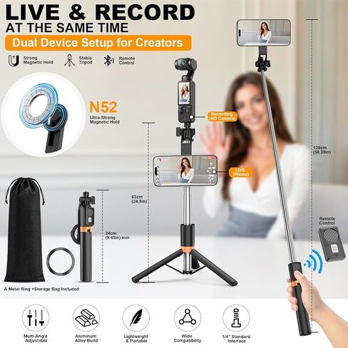 Magnetic Selfie Stick Tripod with 1/4" Camera Mount, Dual Device Phone & Camera Setup, Portable Content Creator Stand with Remote Control Phone Tripod for TikTok Live Streaming Travel Video Recording in Saudi Arabia