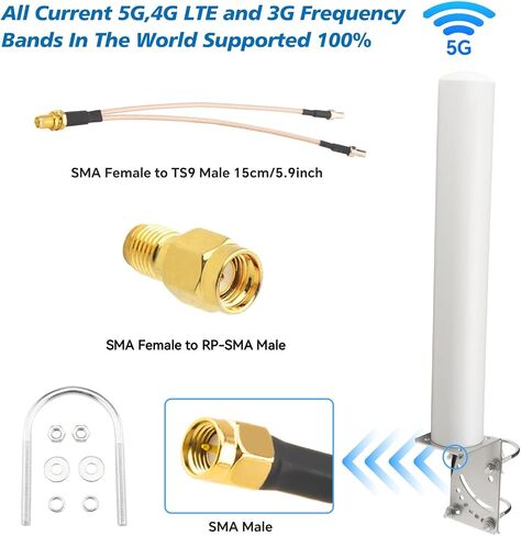 600-6000MHz Outdoor Antenna 5G 4G LTE WiFi Cellular Antenna 10dBi-12dBi High Gain Omni Directional with 16.4ft Low Loss Cable SMA/RP-SMA Male & TS9 Adapters for Routers Modems Gateway in Saudi Arabia
