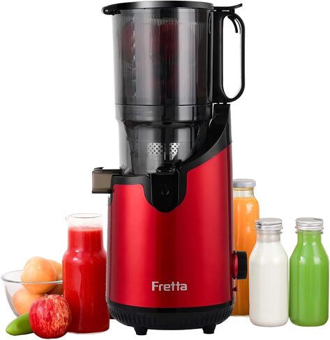 Cold Press Juicer Machines,Fretta Juicer Machines with PCTG Material from the USA,5.3" Extra Large Feed Chute Fit Whole Fruits & Vegetables,Truly BPA-Free,Easy to Clean,250W (Red, 1.8L) in Saudi Arabia