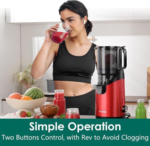 Cold Press Juicer Machines,Fretta Juicer Machines with PCTG Material from the USA,5.3" Extra Large Feed Chute Fit Whole Fruits & Vegetables,Truly BPA-Free,Easy to Clean,250W (Red, 1.8L) in Saudi Arabia
