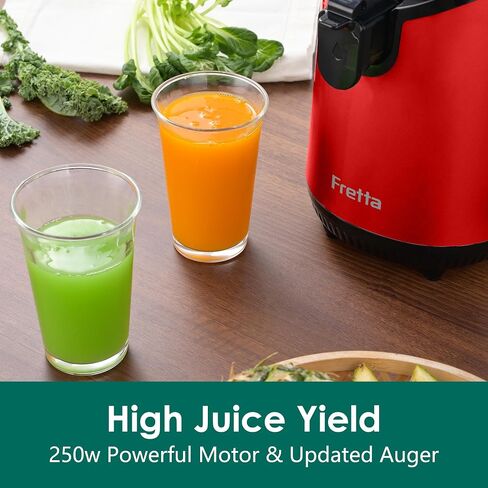 Cold Press Juicer Machines,Fretta Juicer Machines with PCTG Material from the USA,5.3" Extra Large Feed Chute Fit Whole Fruits & Vegetables,Truly BPA-Free,Easy to Clean,250W (Red, 1.8L) in Saudi Arabia