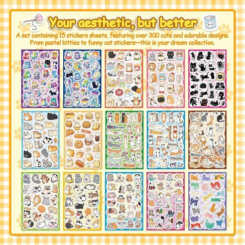 300 Cute Cat Stickers – Waterproof Vinyl Kawaii Style Stickers for Kids, Perfect for Water Bottles, Laptops, Luggage, Guitars, and Scrapbook Decorations in Kuwait