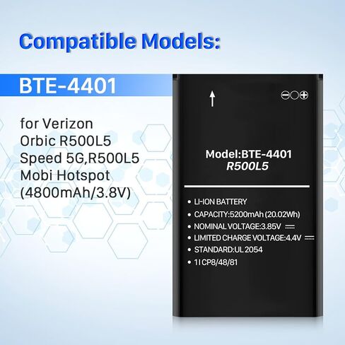 بطارية بديلة BTE-4401، ترقية بطارية R500L5 عالية السعة 5200 مللي أمبير في الساعة لاستبدال Verizon Orbic R500L5 Speed ​​5G، R500L5 Mobi Hotspot in Kuwait
