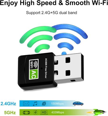 AC600 USB WiFi Adapter for Desktop PC, Driver Free Wireless Network Adapter for Laptop, 5G/2.4G Dual Band High Speed Mini WiFi Dongle Stick, Compatible with Windows 11/10/8.1/8/7/XP/Vista in Kuwait