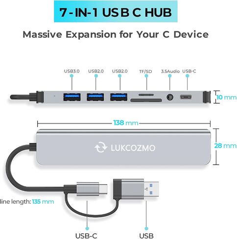 موزع USB C 7 في 1 مع مقسم USB 3.0 و4 منافذ USB وقارئ بطاقات SD/TF in Kuwait