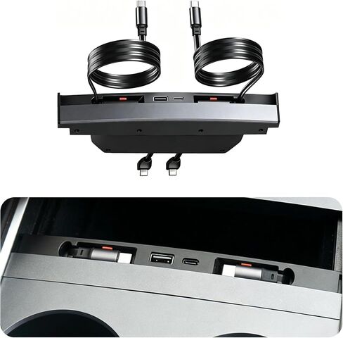 USB Hub for Tesla Model Y/3 Center Console Charger Hub 4Port with Retractable Dual 2.6ft 27W Type-C Fast Charging Cable and USB-A & USB-C Port Accessories for 2021-2024Model Y/2021-2023Model 3 in Saudi Arabia