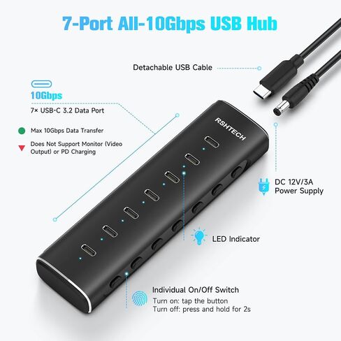 RSHTECH 7-Port Powered USB C 3.2 Hub 10Gbps, RSH-H7C in Kuwait
