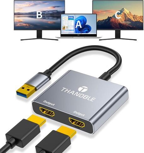 USB to Dual HDMI Adapter 1080P 60Hz, USB A 3.0 to HDMI Adapter for Laptop, PC, Desktop, Compatible with Mac OS, Windows 7/8/10/11 - Requires Driver Installation in Kuwait