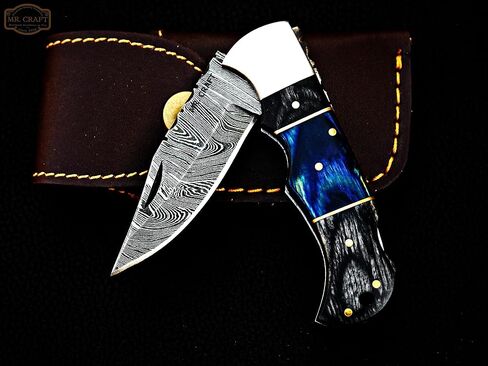 Personalized & Customized Word "R" Damascus pocket knife folding hunting knives 6.5" back lock with leather sheath Damascus blade knife - folding camping pocket knife - small folding knife - handmade gift knife - folding knives - sharpest pocket knife - h in Kuwait