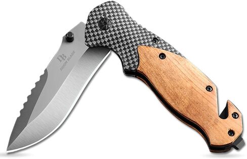 8.3" Pocket Folding Knife with Glass Breaker, Seatbelt Cutter and Pocket Clip,EDC Knife with wood handle Sharp Tactical Camping Survival Hiking Knives (one knife) in Kuwait
