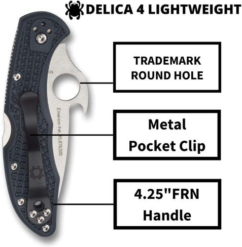Spyderco Delica 4 Lightweight 7.15" Signature Folding Knife with 2.90" Saber-Ground Steel Blade and Emerson Opener - PlainEdge Grind - C11PGYW in Kuwait