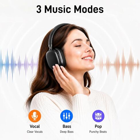 Bluetooth Headphones Over Ear, 75H Playtime Wireless Headphones with Microphone, Foldable Lightweight Headset with 3 EQ Modes, 3D Stereo Sound Low Latency for Travel Work Cellphone in Kuwait